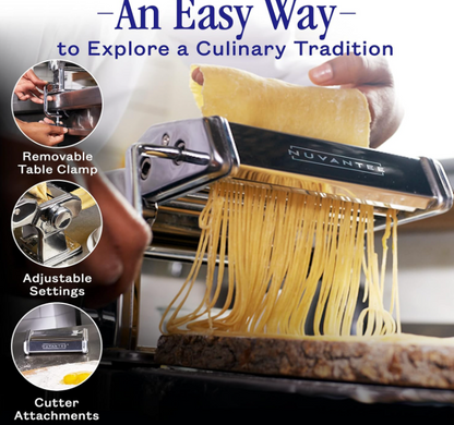 Nuvantee Pasta Maker Machine, Manual Hand Press, Adjustable Thickness Settings, Noodles Maker with Washable Aluminum Alloy Rollers and Cutter, Perfect for Spaghetti, Fettuccini, Lasagna