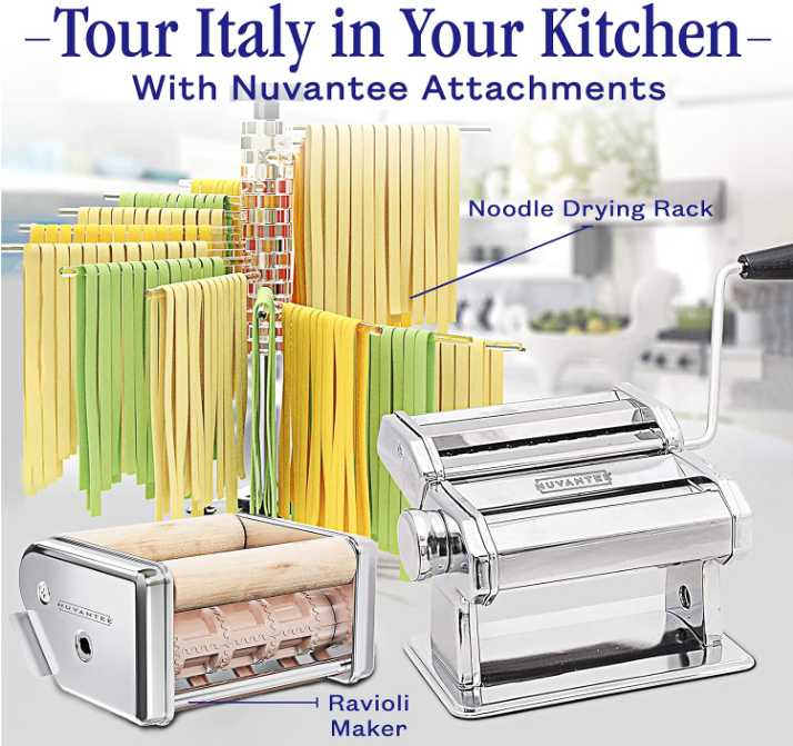 Nuvantee Pasta Maker Machine, Manual Hand Press, Adjustable Thickness Settings, Noodles Maker with Washable Aluminum Alloy Rollers and Cutter, Perfect for Spaghetti, Fettuccini, Lasagna