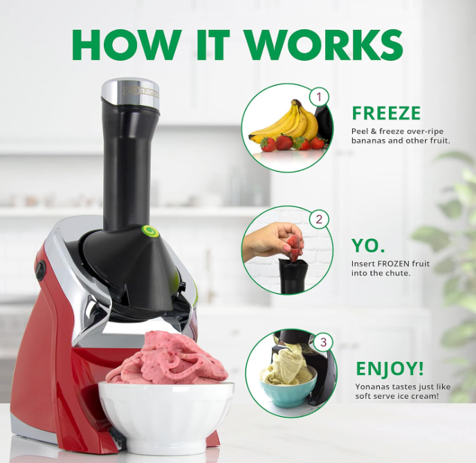 Yonanas 988RD Deluxe Vegan, Dairy-Free Frozen Fruit Soft Serve Maker, Includes 75 Recipes, 200 W, Red