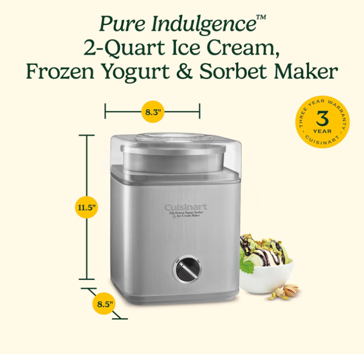 CUISINART Ice Cream Maker, Ice Cream and Frozen Yogurt Machine, 2-Qt. Double-Insulated Freezer Bowl, Silver, ICE30BCP1