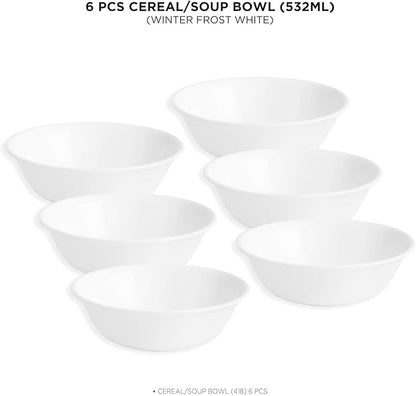 Corelle Vitrelle 6-Piece Soup and Cereal Bowl Collection, Durable Triple-Layer Glass Construction, 18-Oz Lightweight Round Bowls, Chip-Resistant Design, Winter Frost White Finish