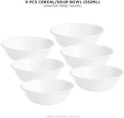Corelle Vitrelle 6-Piece Soup and Cereal Bowl Collection, Durable Triple-Layer Glass Construction, 18-Oz Lightweight Round Bowls, Chip-Resistant Design, Winter Frost White Finish